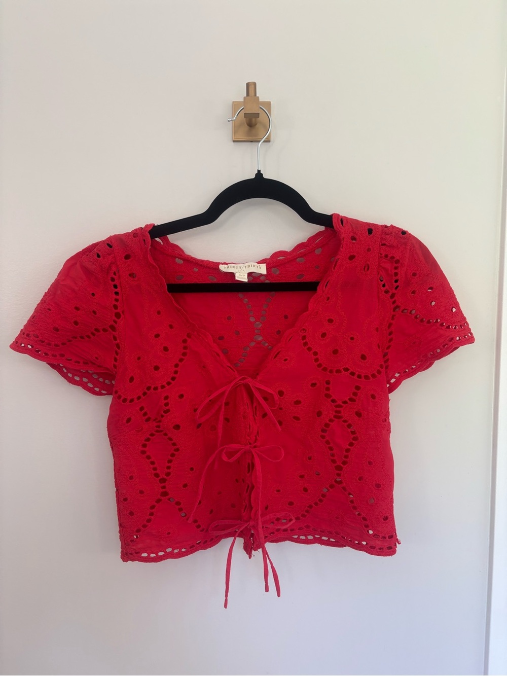 Red Eyelet Lace-Up Short Sleeve Crop Top